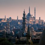 View of the Citaldel of Saladin from a ditance with its towers and spires.