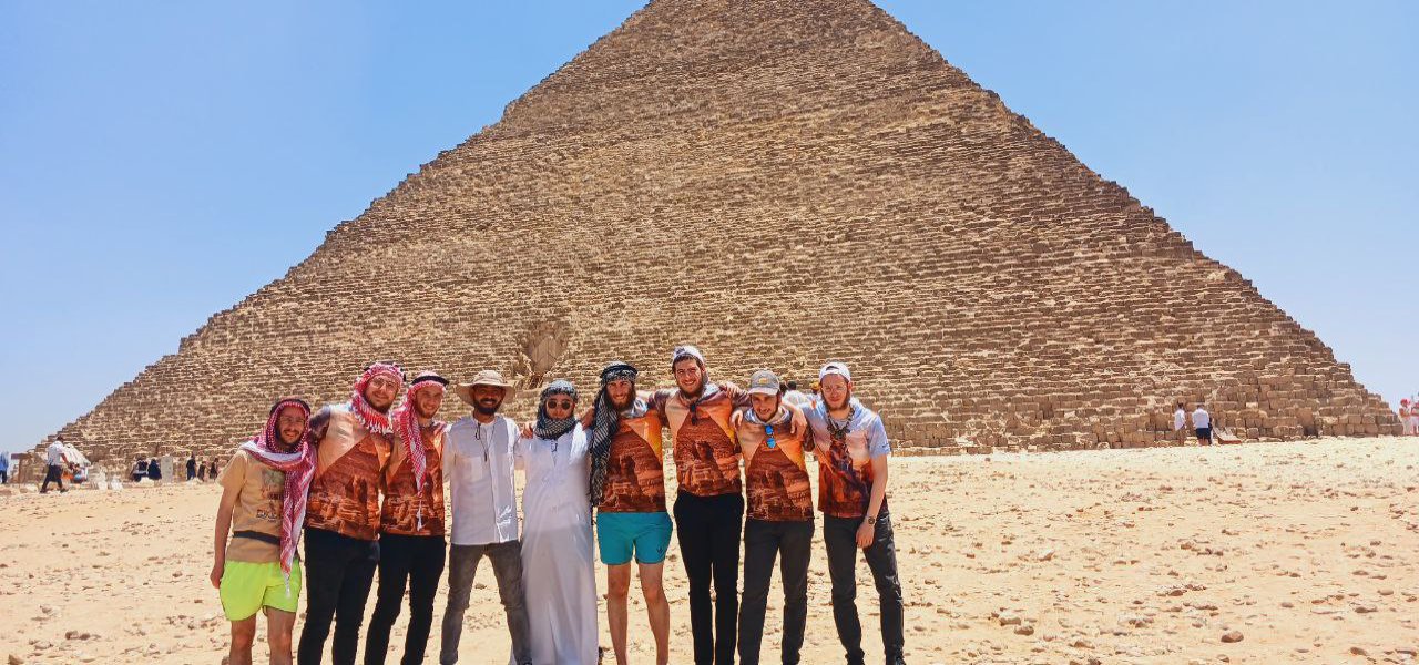 Group photo in front of the pyramids